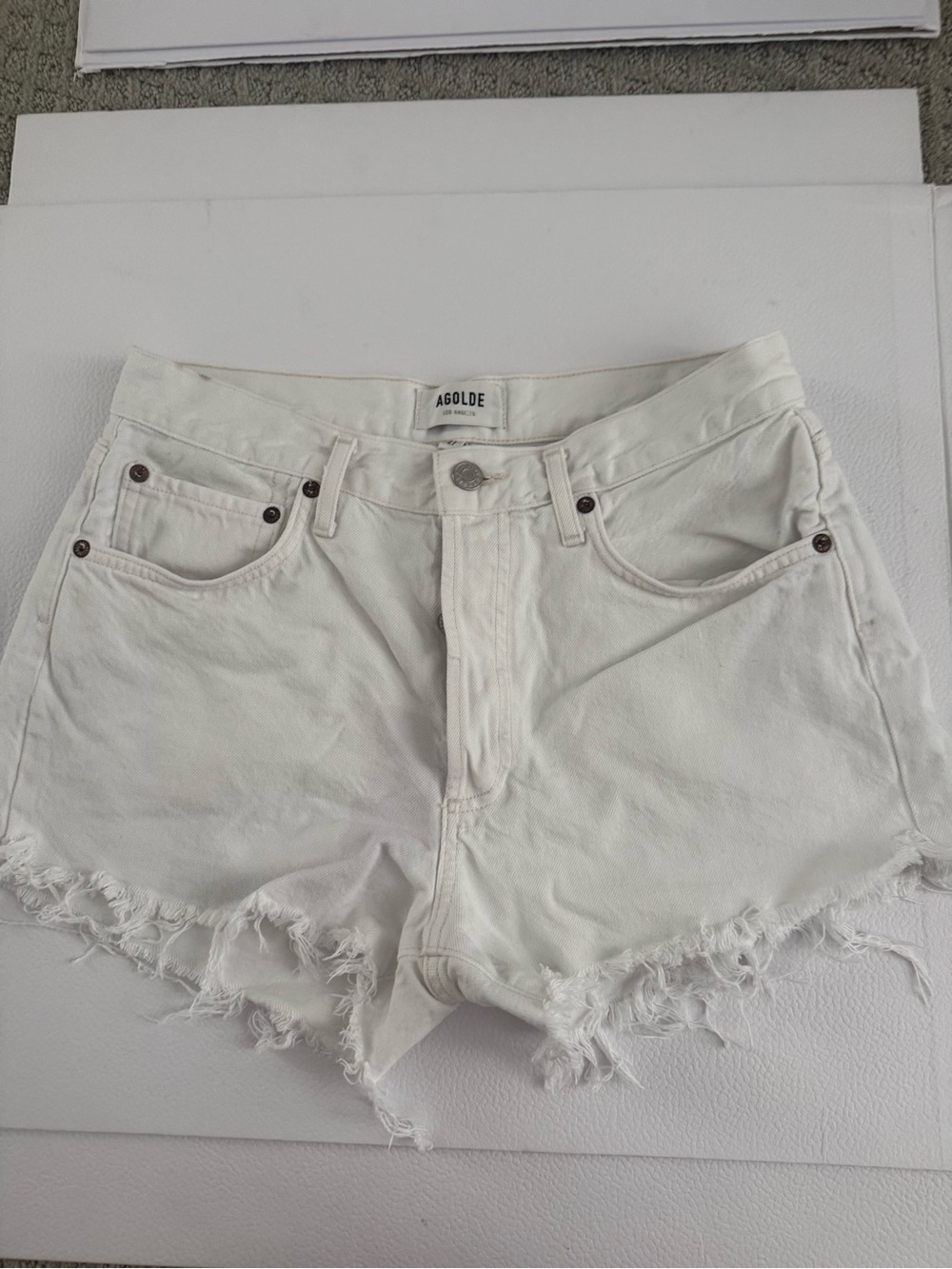 Agolde White Frayed-Hem High-Rise Denim Shorts